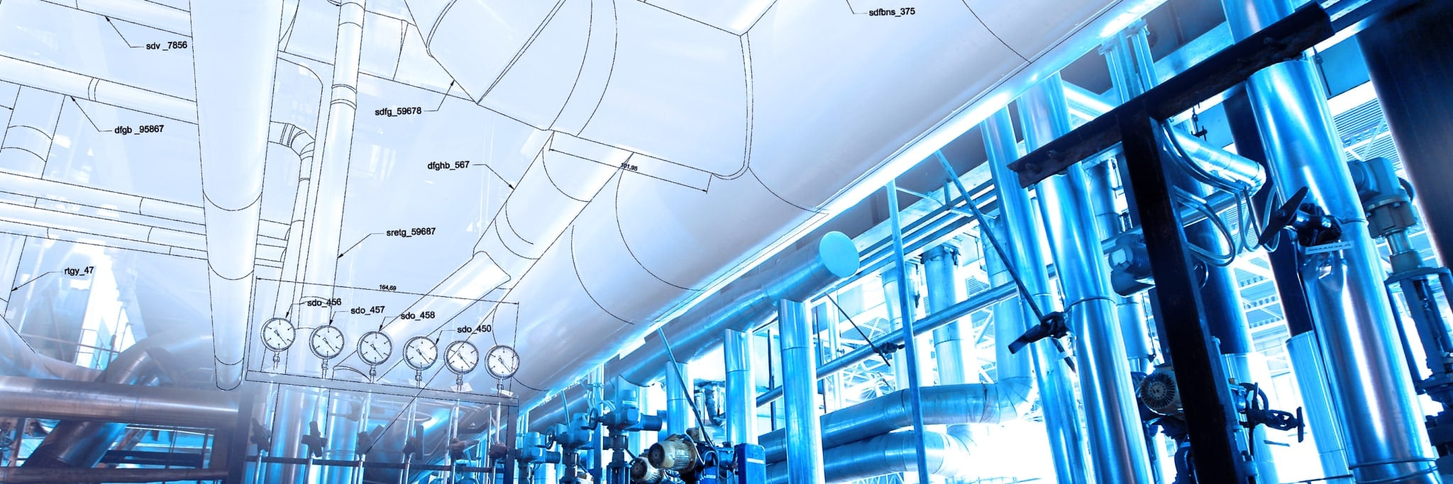 Sketch of cables and piping merging into photo of industrial power plant